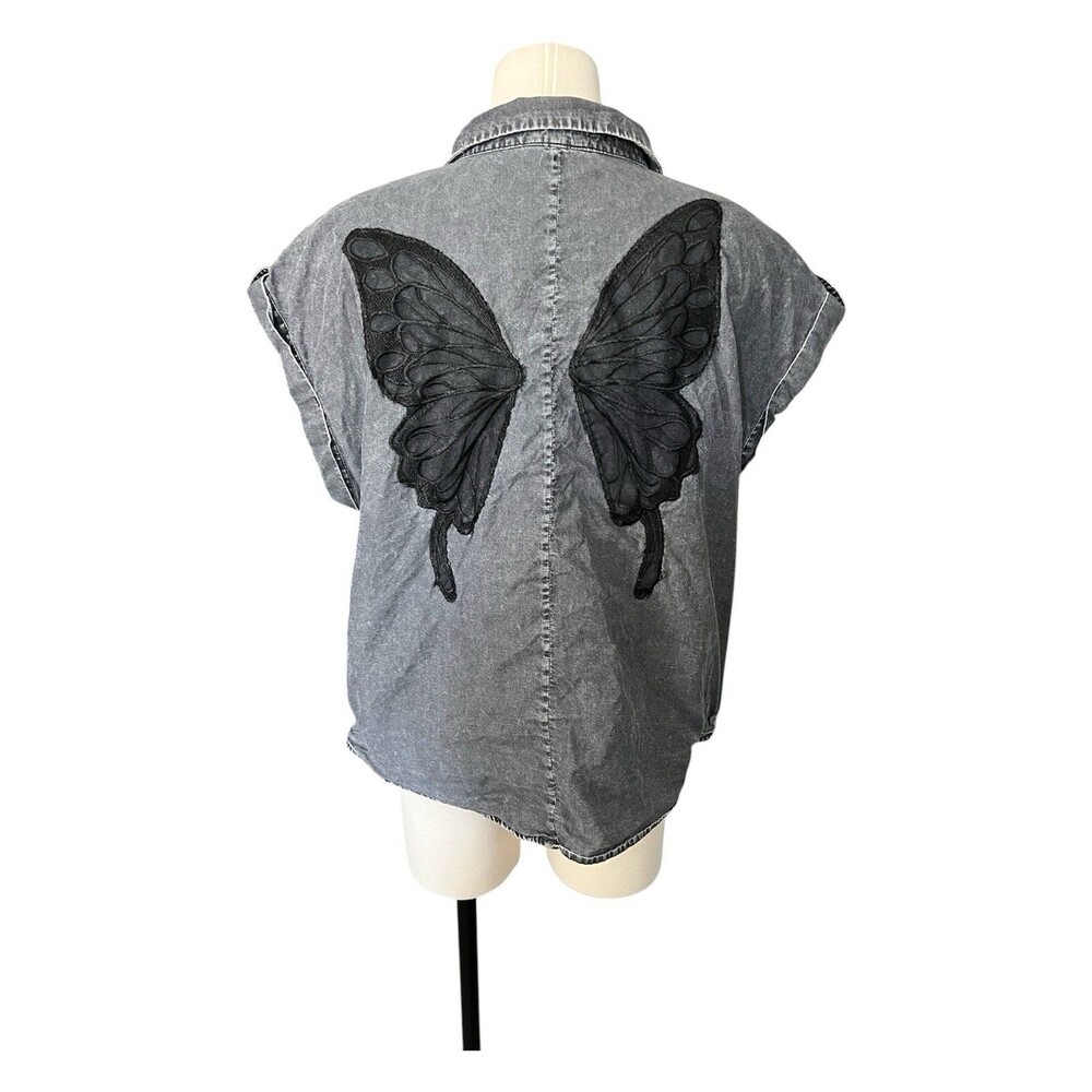 Buffalo David Bitton XL Acid Wash Black Lace Butterfly Back Top Fairy Grunge